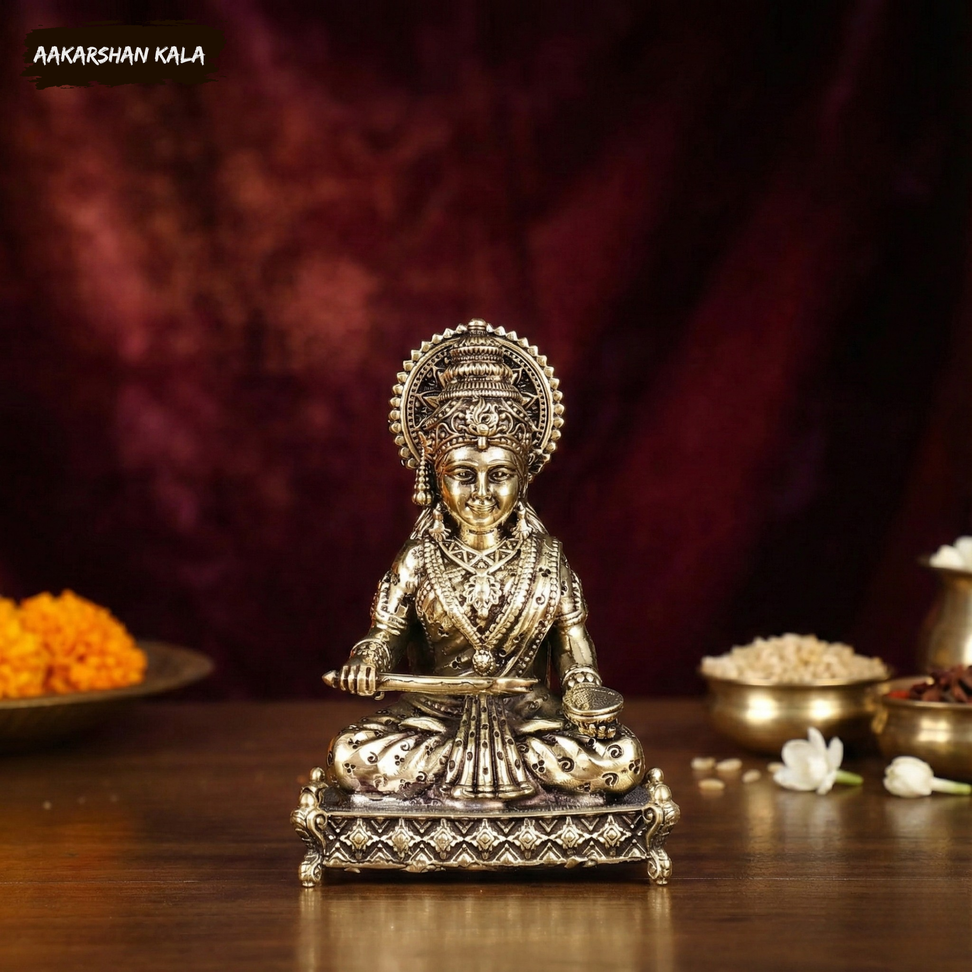 Brass Annapurna Devi Idol | Intricately Carved Hindu Goddess Statue