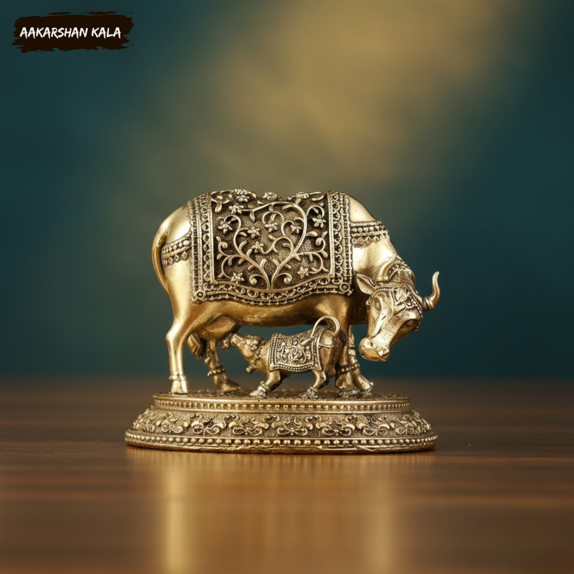 Brass Kamdhenu Cow & Calf Statue | Miniature Hindu Sculpture