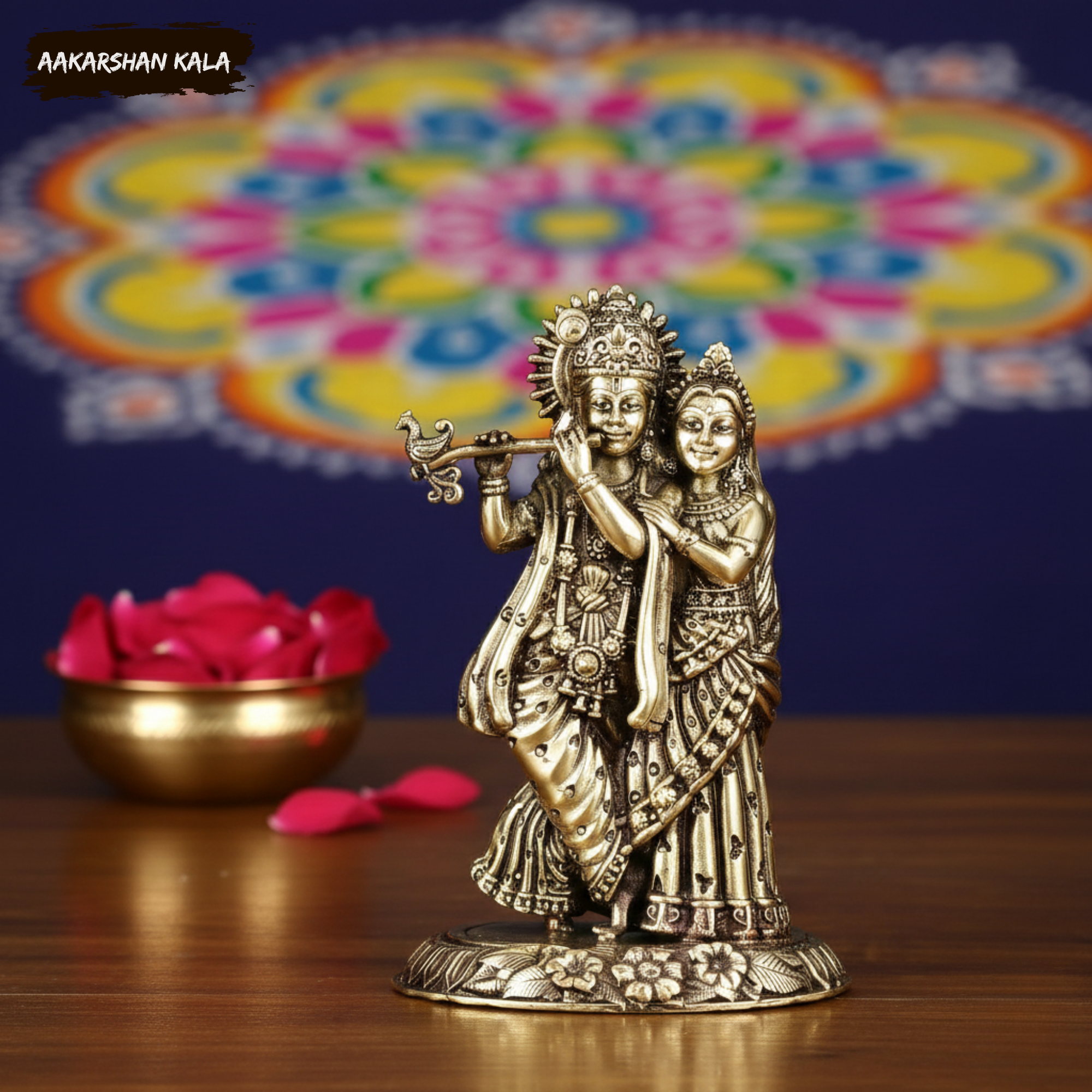 Brass Radha Krishna Statue | Intricate Hindu God Murti, Home Temple Decor
