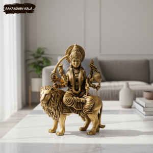 Brass Durga Maa Statue | 3" Hindu Goddess on Lion, Pooja Decor