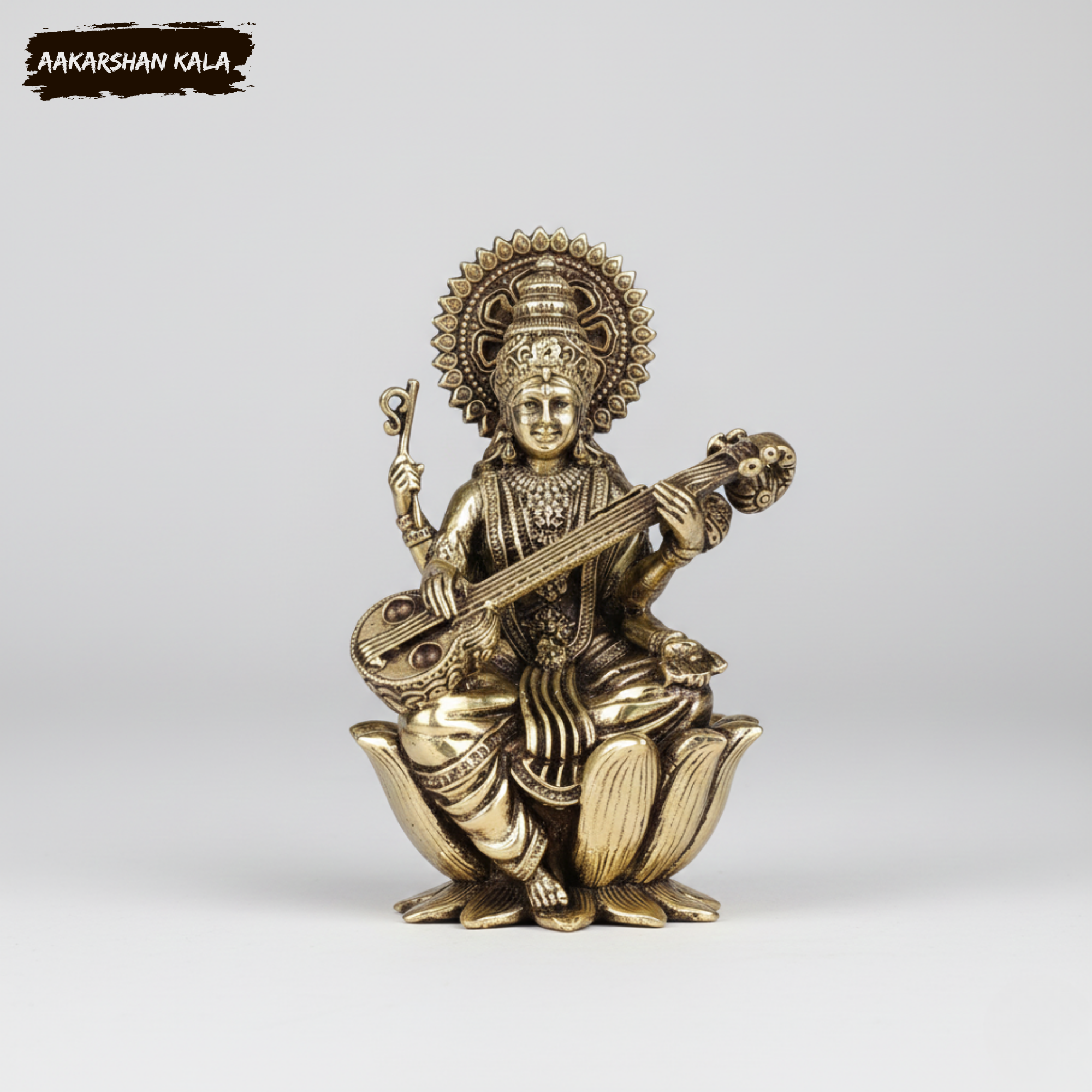 Brass Saraswati Statue | Hindu Goddess of Knowledge, 4″ Tall