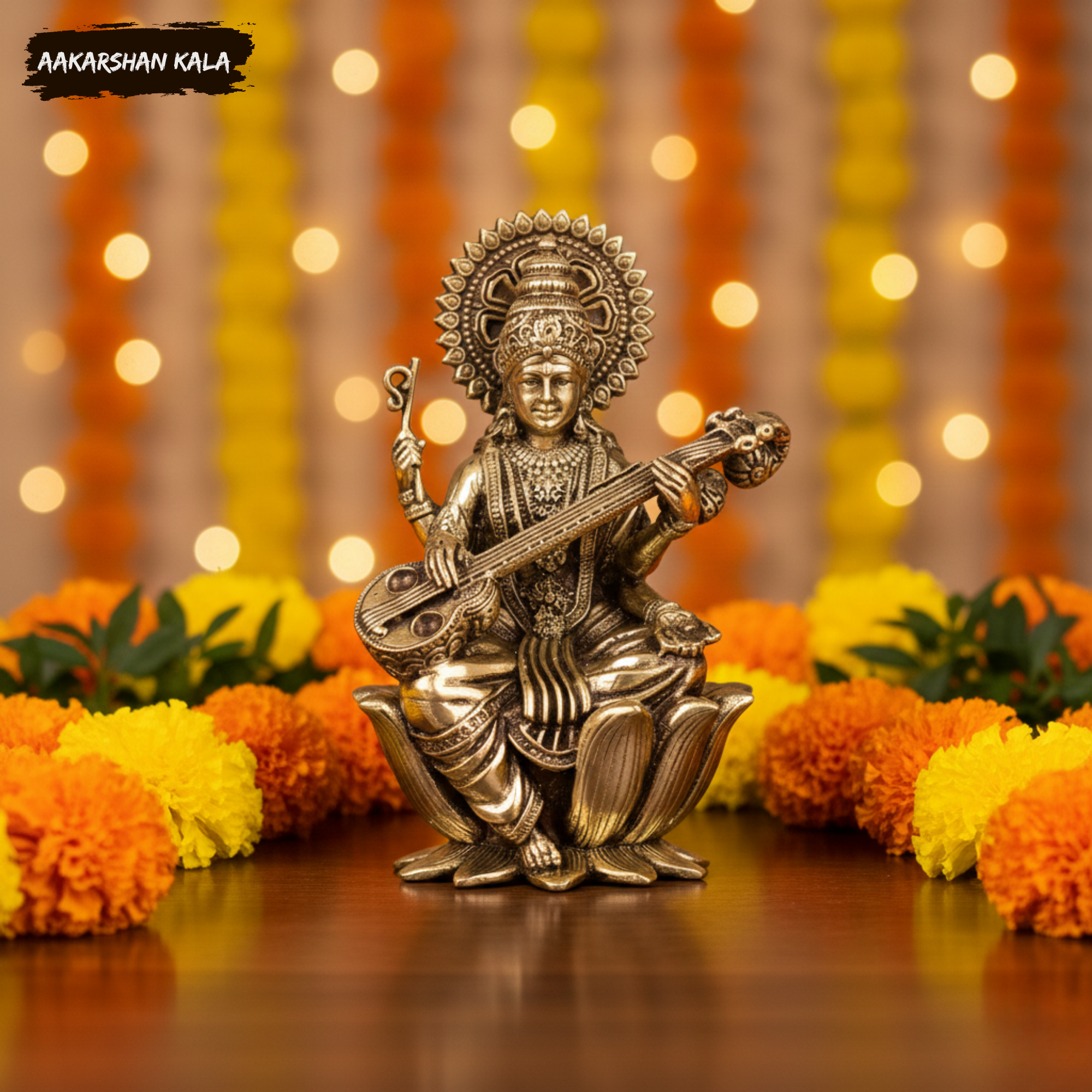 Brass Saraswati Statue | Hindu Goddess of Knowledge, 4″ Tall