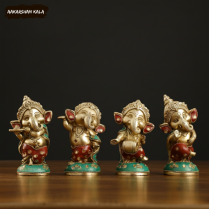Baby Ganesha Brass Idol Set | Stonework, Golden Accents, Hindu Decor